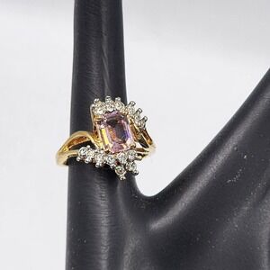 Vintage 1970s Vargas Stamped 18KT G.E. Pink Rhinestone Cocktail Ring Size 6.75